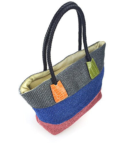 Colorblock Woven Tote with Croc-Effect Detail