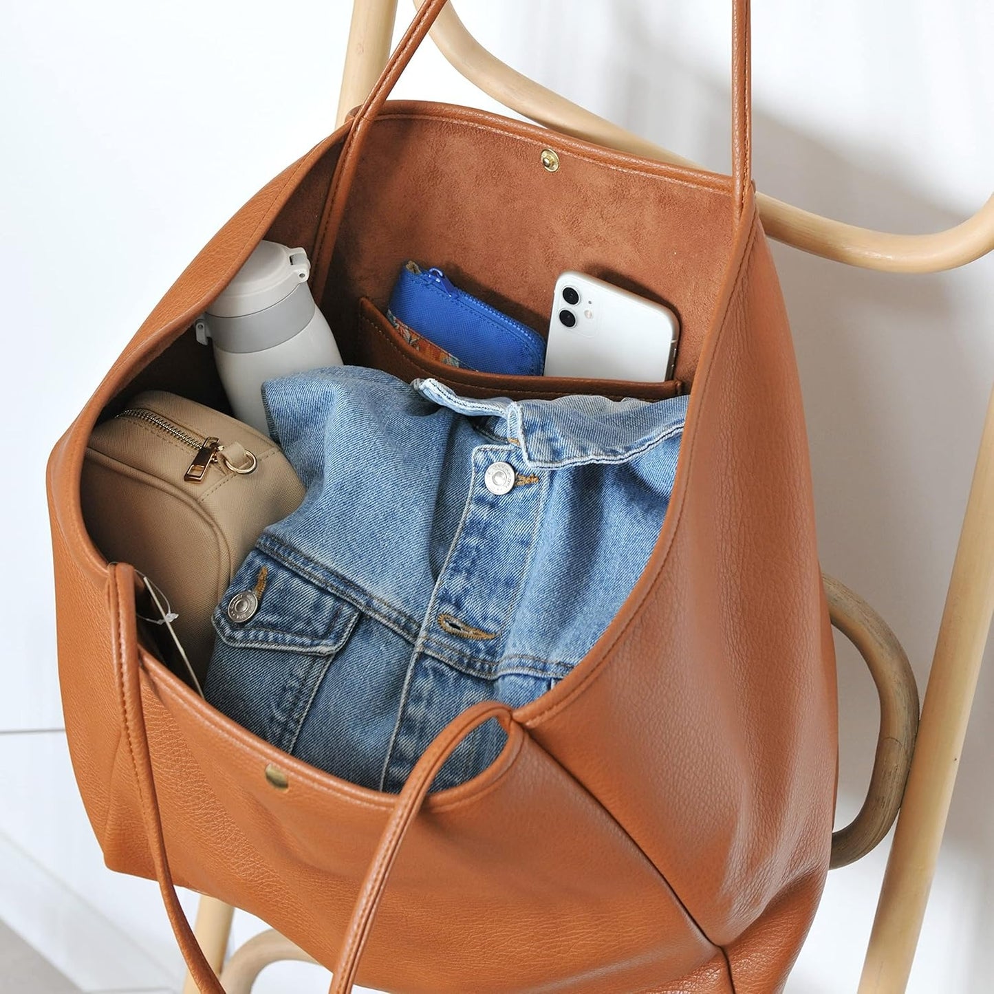 Oversized Vegan Leather Tote Women's Travel Bag - Orange Brown - Hoxis Bags