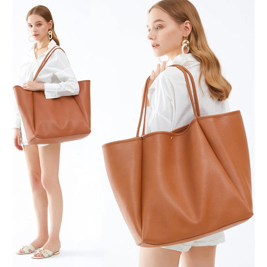 Oversized Vegan Leather Tote Women's Travel Bag - Orange Brown - Hoxis Bags