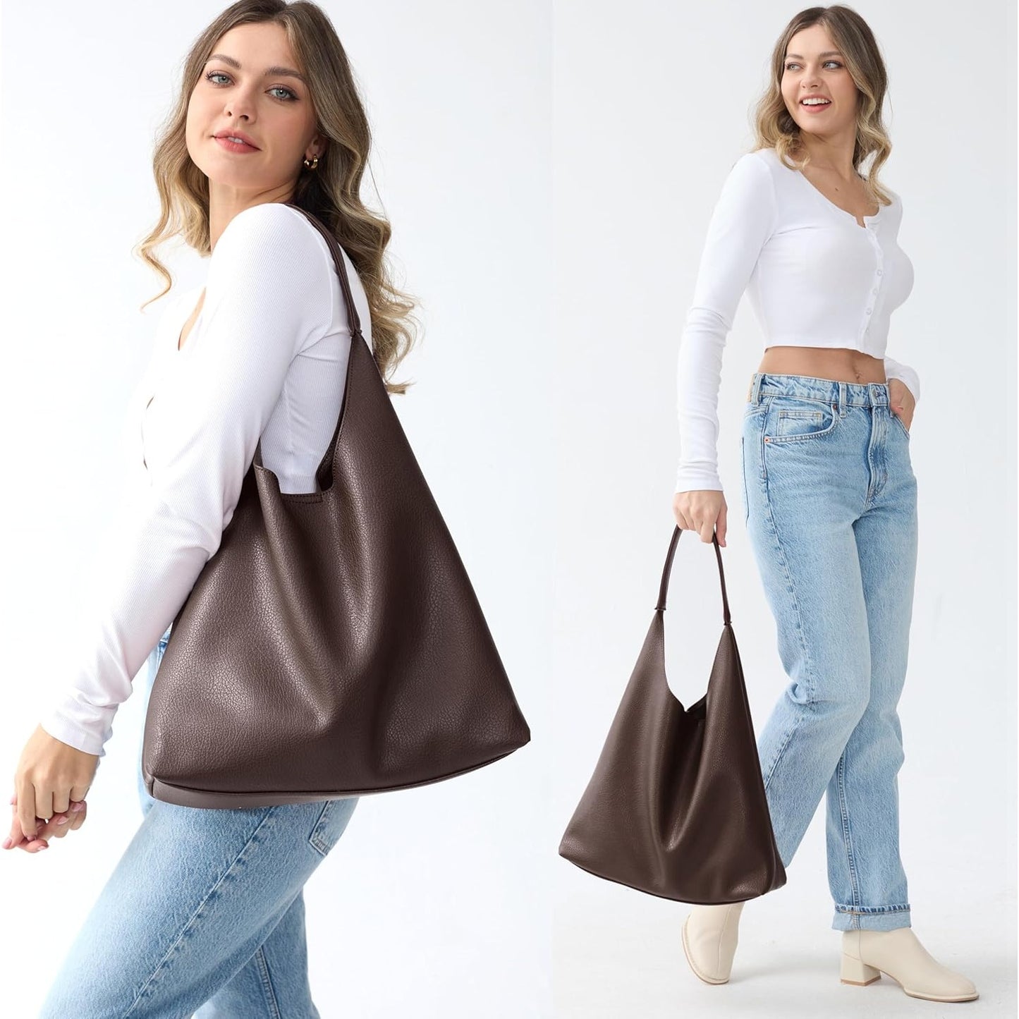 Soft Vegan Leather Hobo Bag for Women - Coffee - Hoxis Bags