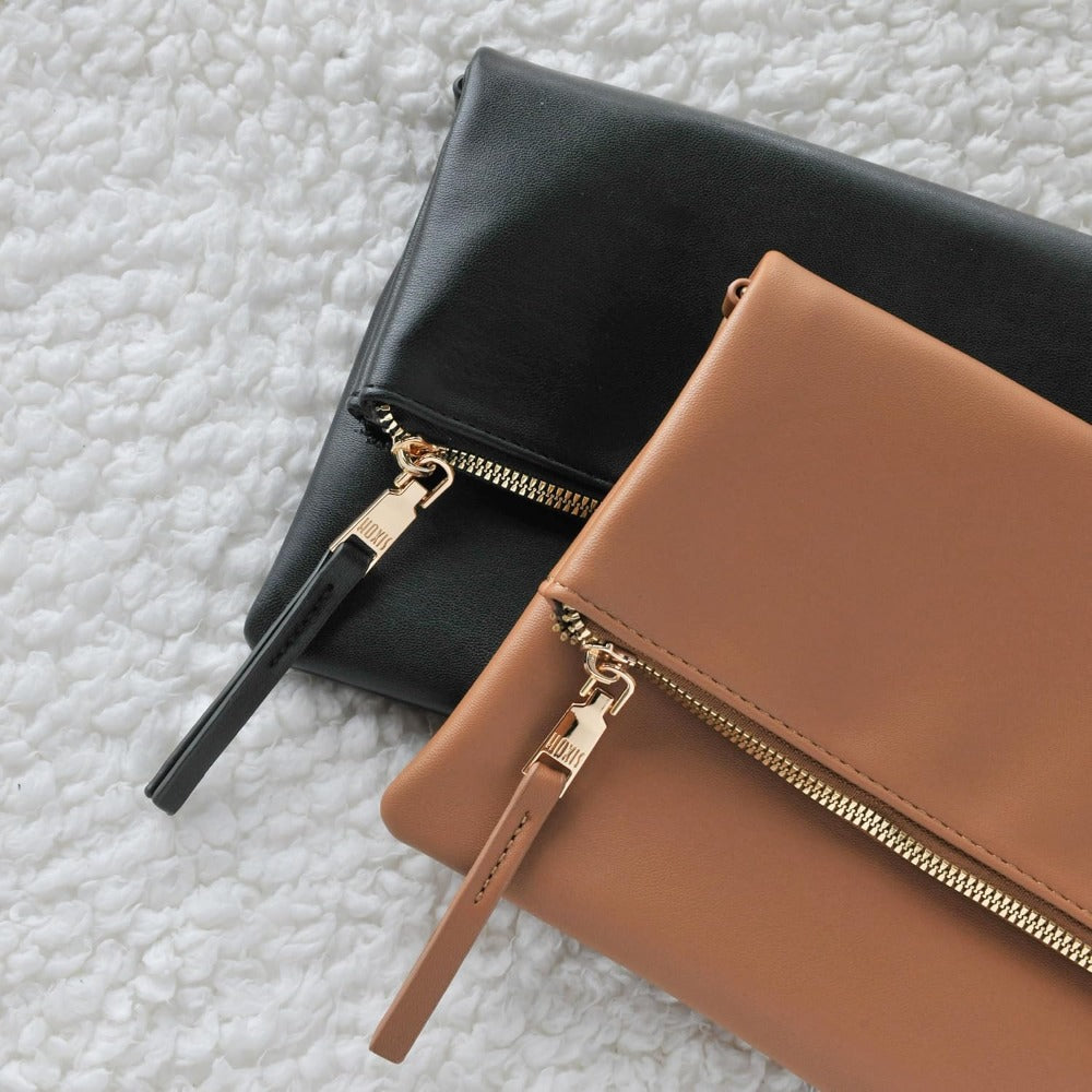 Women's Zipper Foldover Clutch Vegan Leather Envelope Cross body Bag with Chain Strap - Hoxis Bags