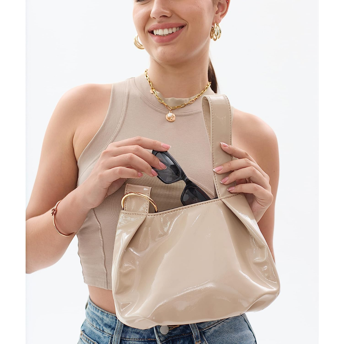 Women's Glossy Clutch Patent Vegan Leather Hobo Top Handle Bag Small Tote - Hoxis Bags