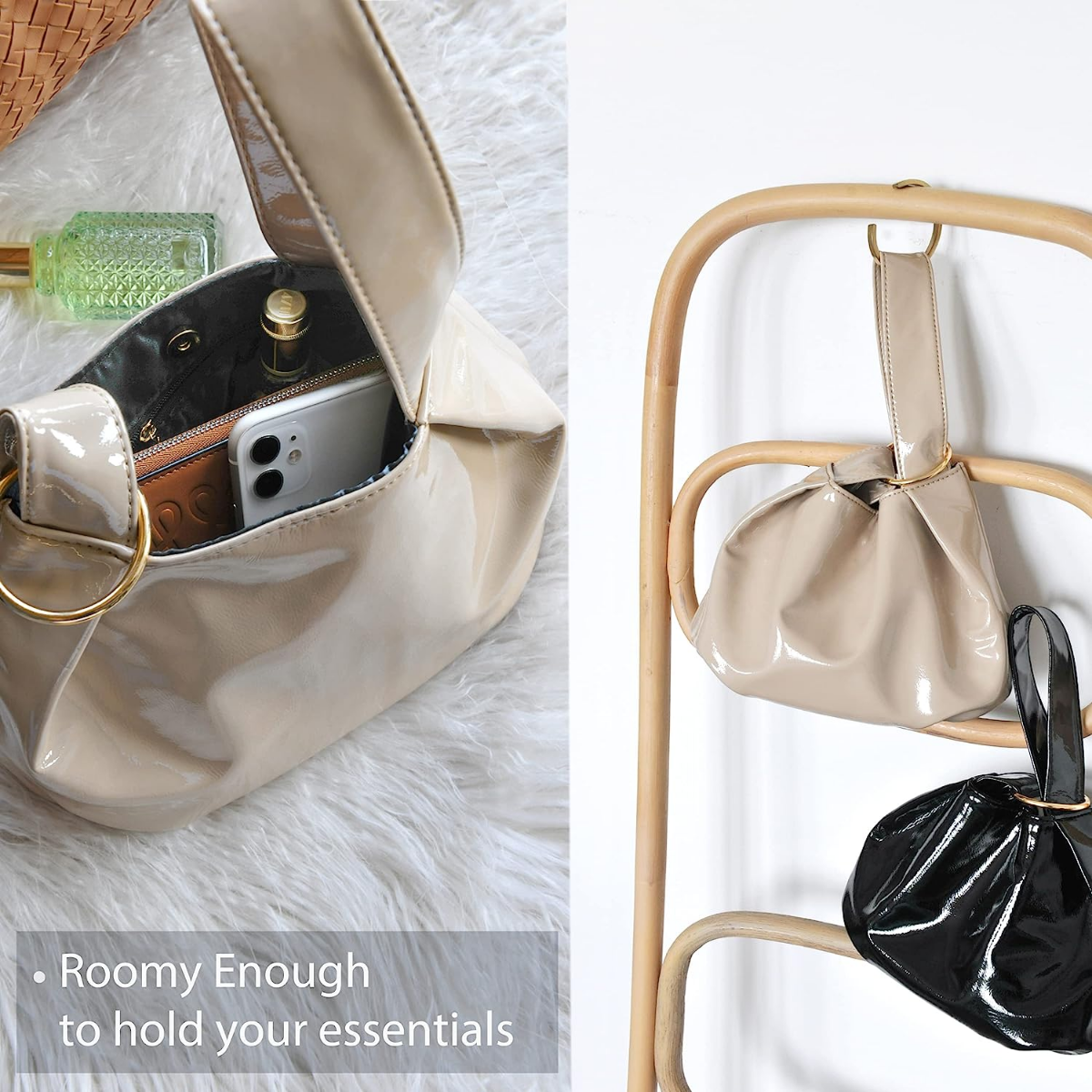 Women's Glossy Clutch Patent Vegan Leather Hobo Top Handle Bag Small Tote - Hoxis Bags