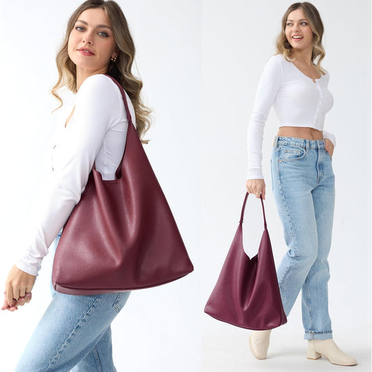 Soft Vegan Leather Hobo Bag for Women - Dark Red - Hoxis Bags
