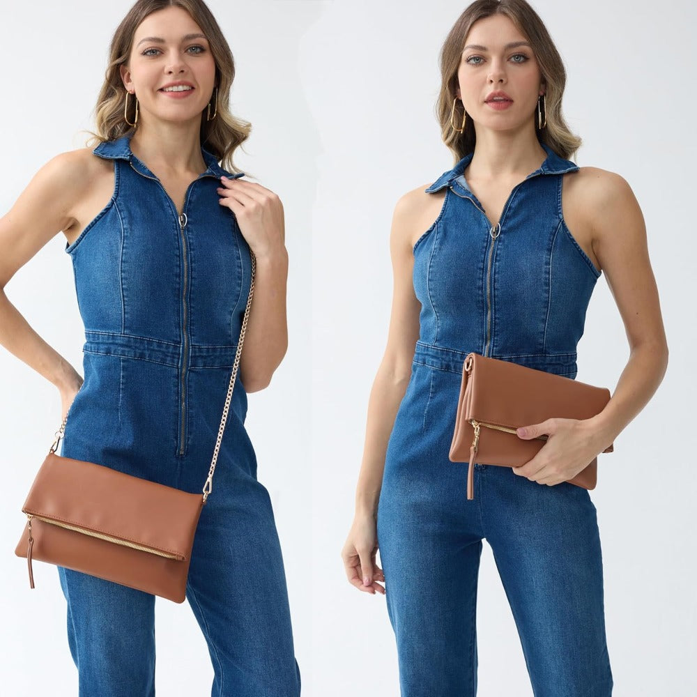 Women's Zipper Foldover Clutch Vegan Leather Envelope Cross body Bag with Chain Strap - Hoxis Bags