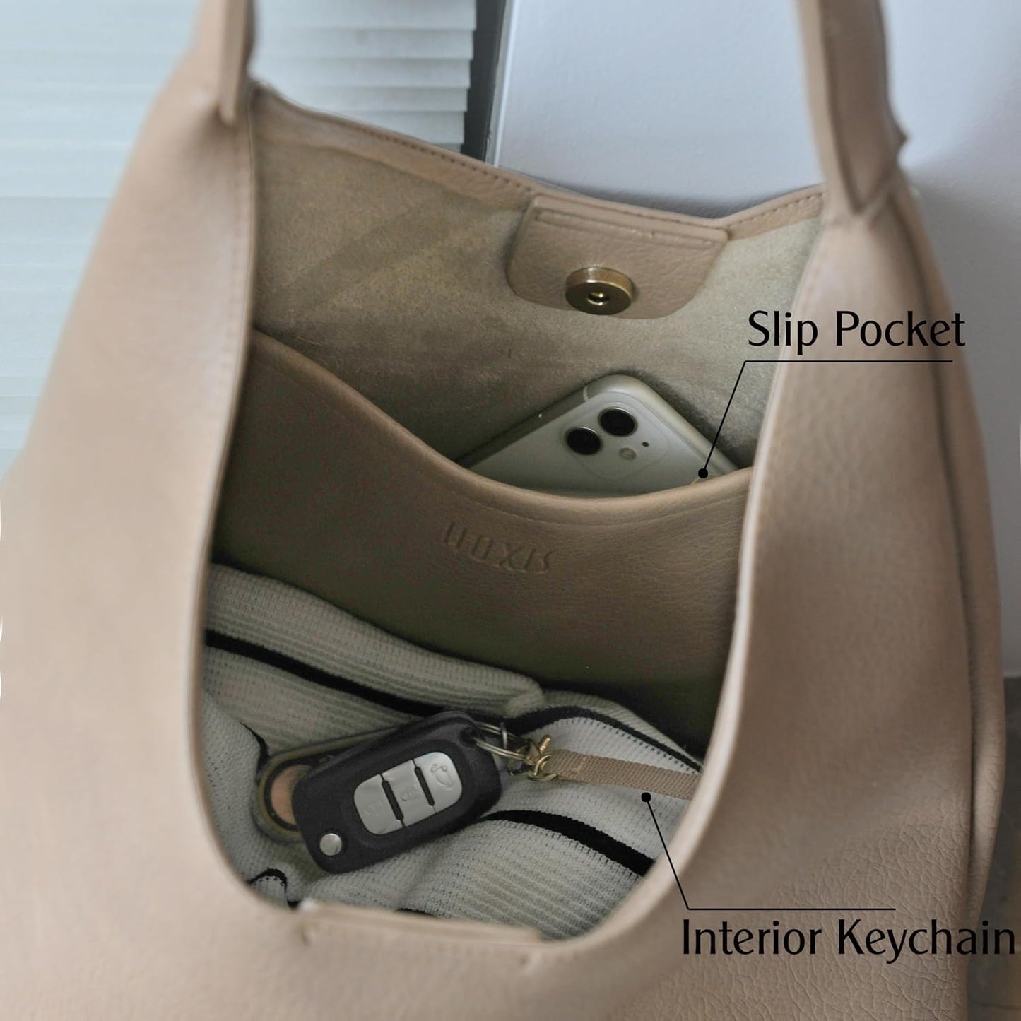 Soft Vegan Leather Hobo Bag for Women - Nude - Hoxis Bags