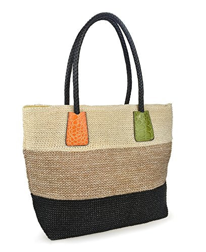 Colorblock Woven Tote with Croc-Effect Detail – Khaki