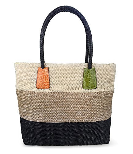 Colorblock Woven Tote with Croc-Effect Detail
