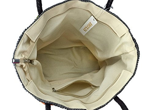 Colorblock Woven Tote with Croc-Effect Detail