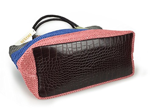 Colorblock Woven Tote with Croc-Effect Detail