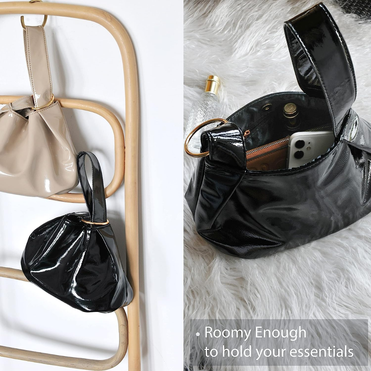 Women's Glossy Clutch Patent Vegan Leather Hobo Top Handle Bag Small Tote - Hoxis Bags