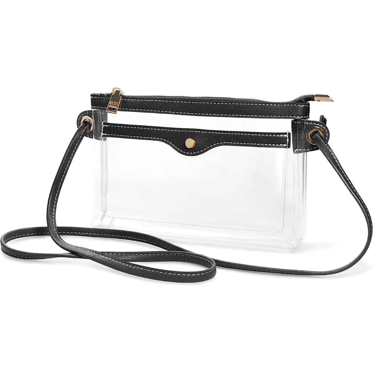 Women's Clear PVC Cross Body Bag Pocket Shoulder Bag with Vegan Leather Trim Transparent Zipper Purse Stadium Approved - Hoxis Bags