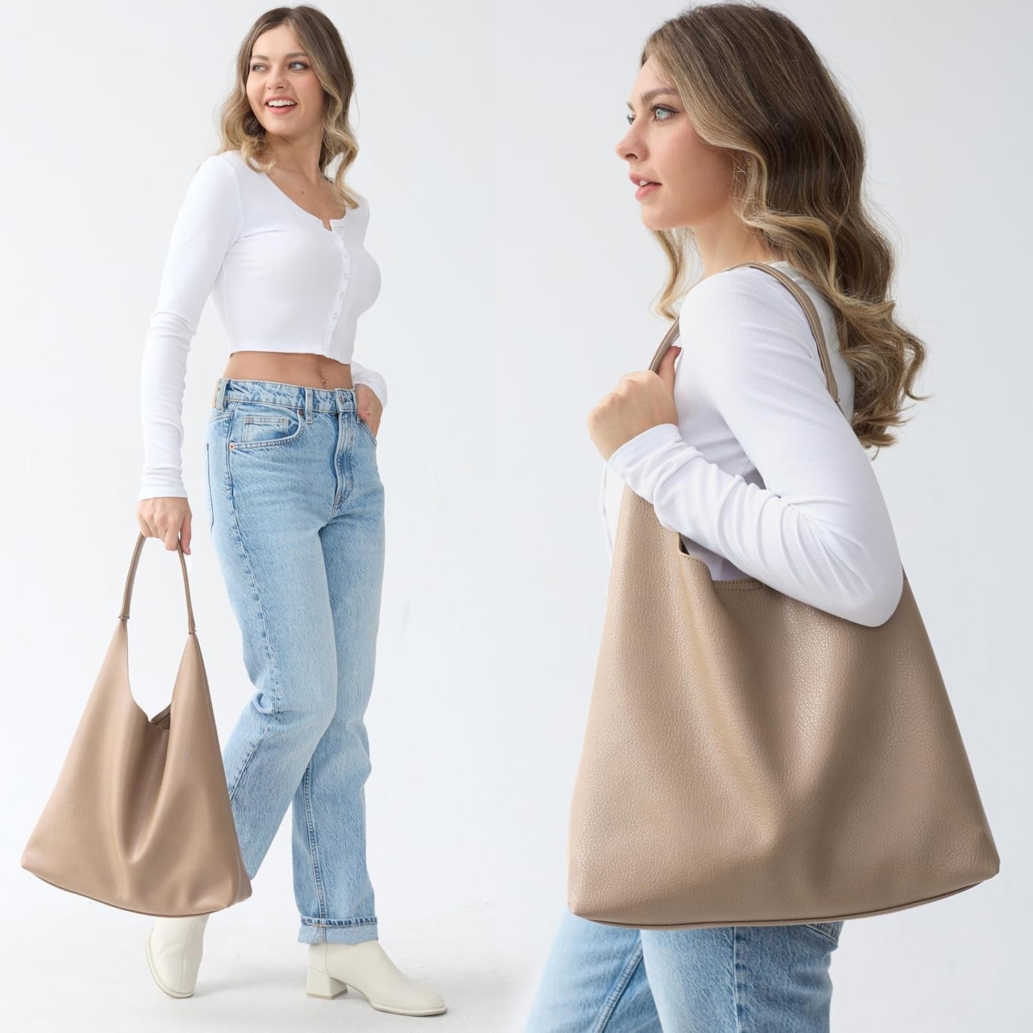 Soft Vegan Leather Hobo Bag for Women - Nude - Hoxis Bags