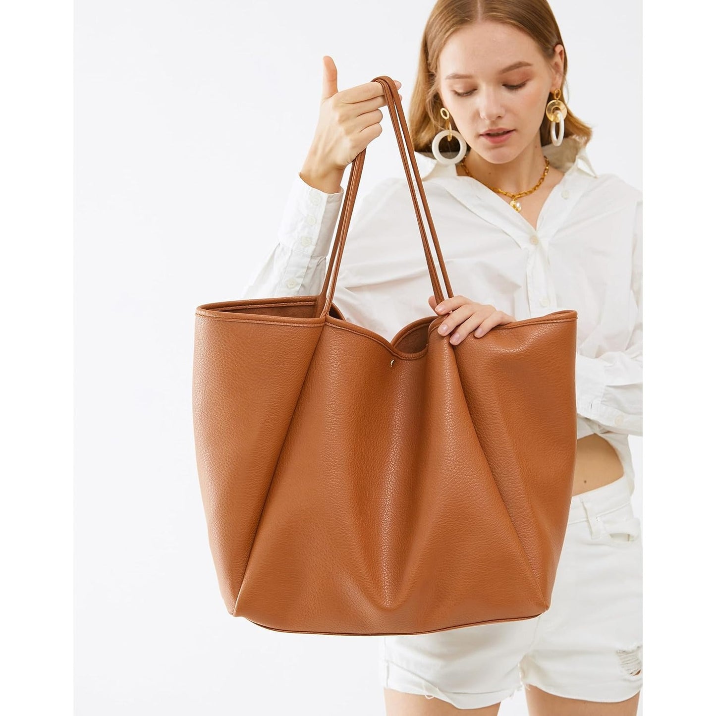 Oversized Vegan Leather Tote Women's Travel Bag - Orange Brown - Hoxis Bags