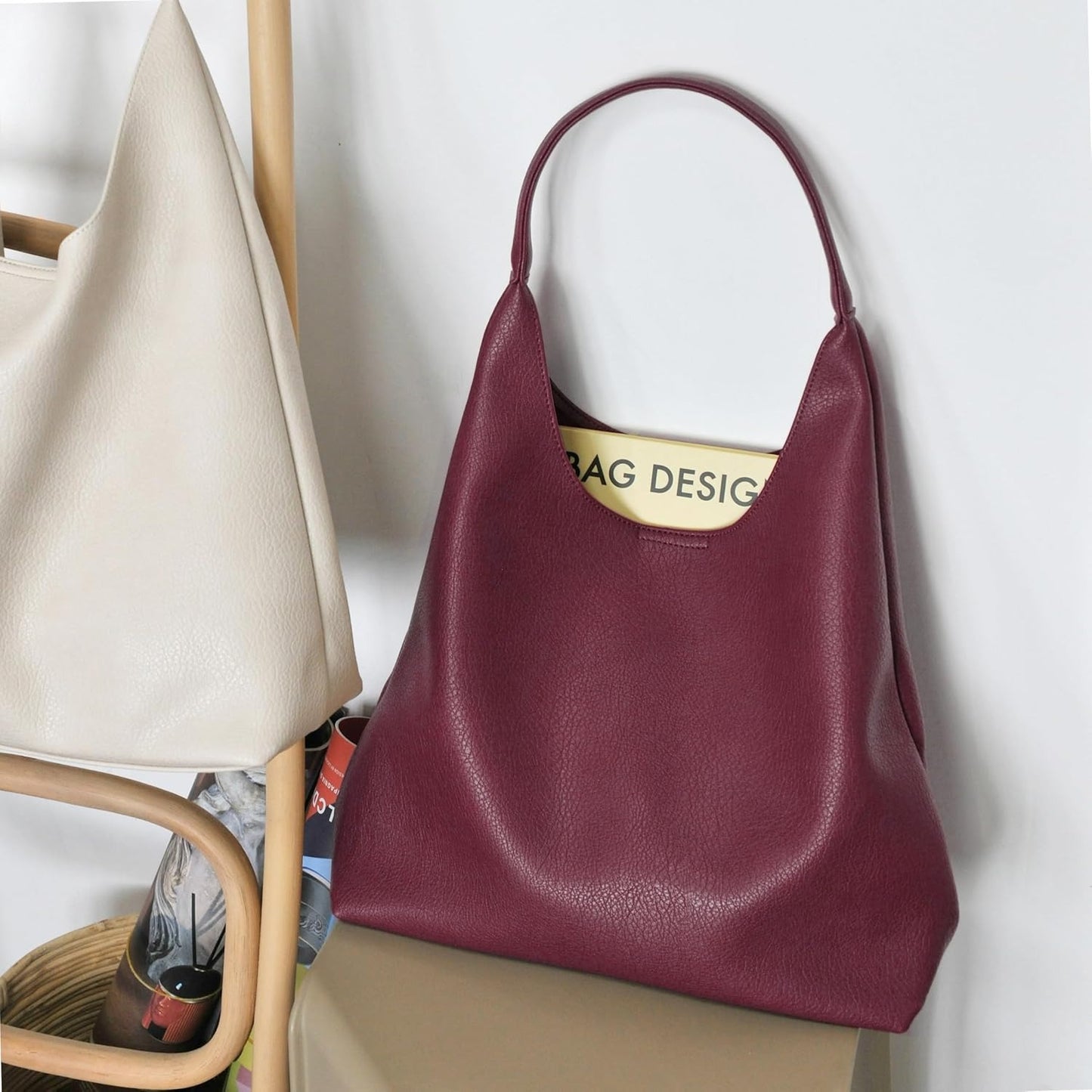 Soft Vegan Leather Hobo Bag for Women - Dark Red - Hoxis Bags