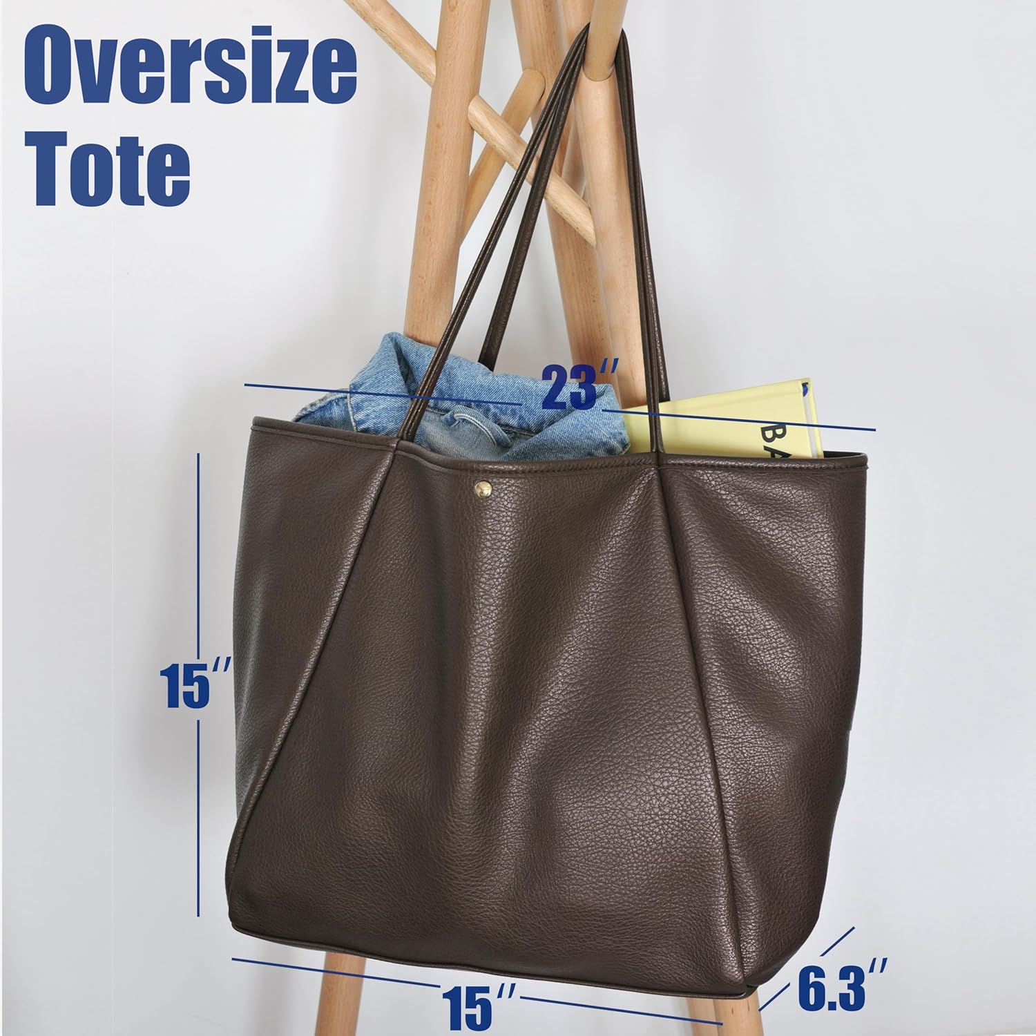 Oversized Vegan Leather Tote Women's Travel Bag - Coffee - Hoxis Bags
