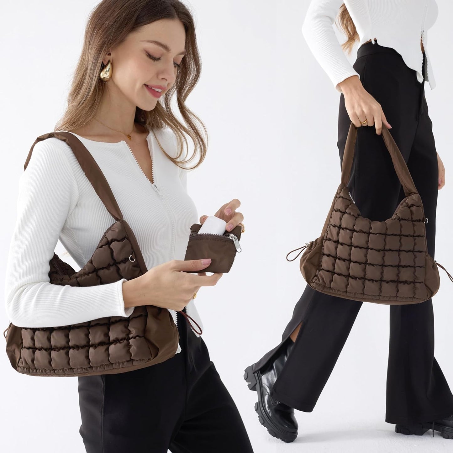 Puffer Quilted Shoulder Bag for Women Hobo Handbag Lightweight Purse - Hoxis Bags