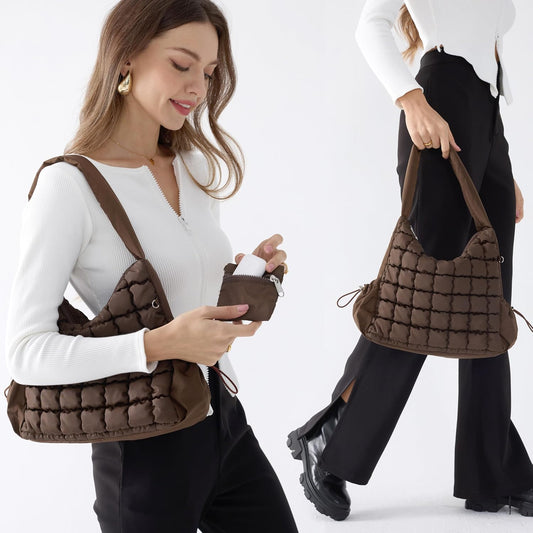 Puffer Quilted Shoulder Bag for Women Hobo Handbag Lightweight Purse - Hoxis Bags