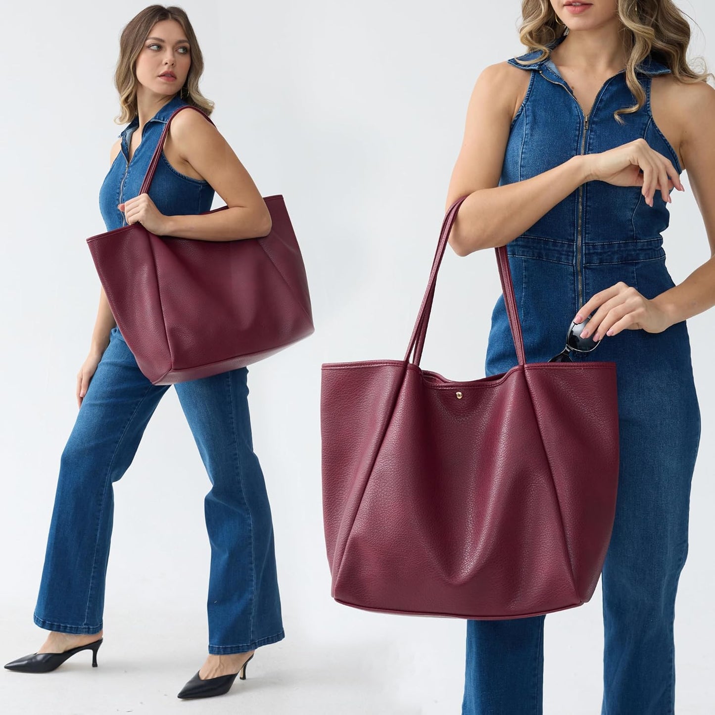 Oversized Vegan Leather Tote Women's Travel Bag - Dark Red - Hoxis Bags