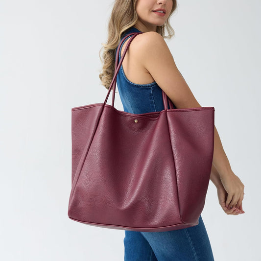 Oversized Vegan Leather Tote Women's Travel Bag - Dark Red - Hoxis Bags
