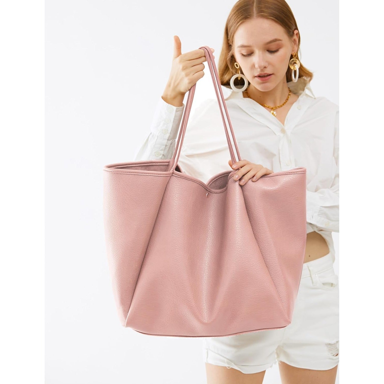Oversized Vegan Leather Tote Women's Travel Bag - Pink - Hoxis Bags