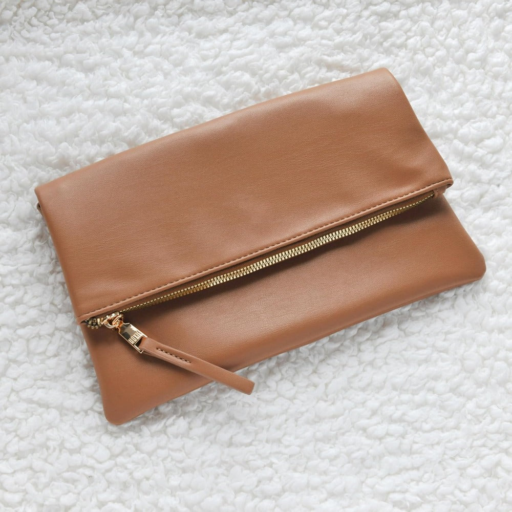 Women's Zipper Foldover Clutch Vegan Leather Envelope Cross body Bag with Chain Strap - Hoxis Bags