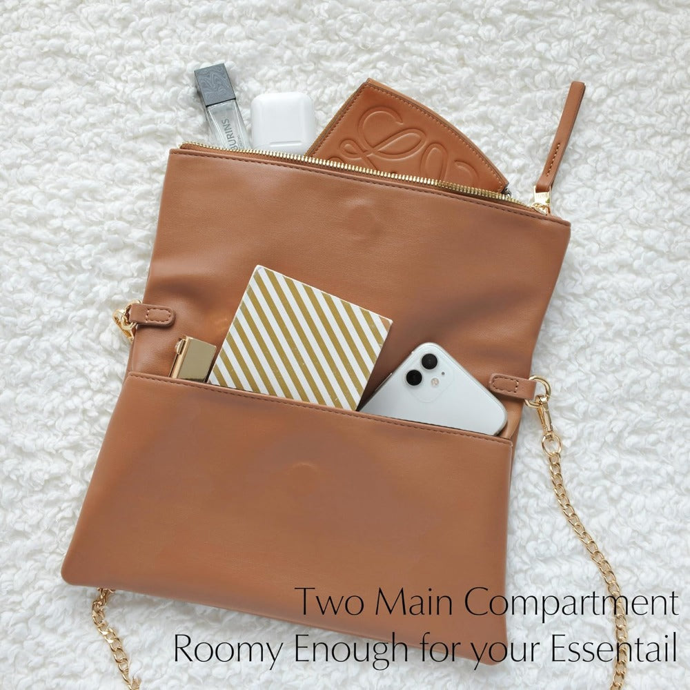 Women's Zipper Foldover Clutch Vegan Leather Envelope Cross body Bag with Chain Strap - Hoxis Bags