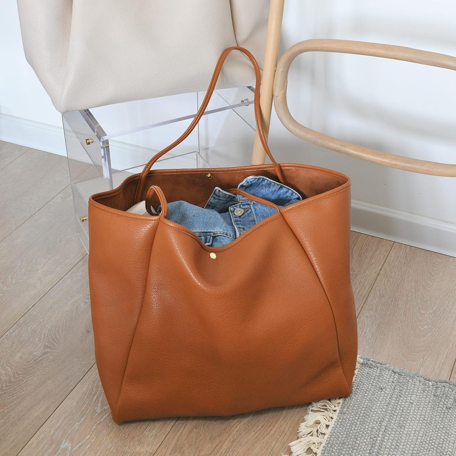 Oversized Vegan Leather Tote Women's Travel Bag - Orange Brown - Hoxis Bags