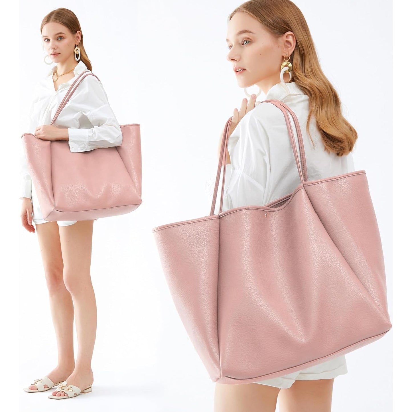Oversized Vegan Leather Tote Women's Travel Bag - Pink - Hoxis Bags