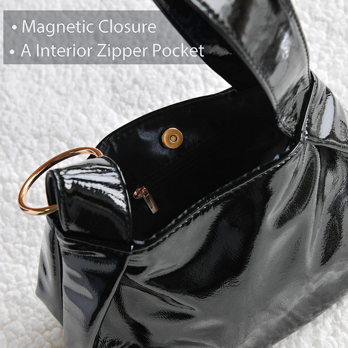Women's Glossy Clutch Patent Vegan Leather Hobo Top Handle Bag Small Tote - Hoxis Bags