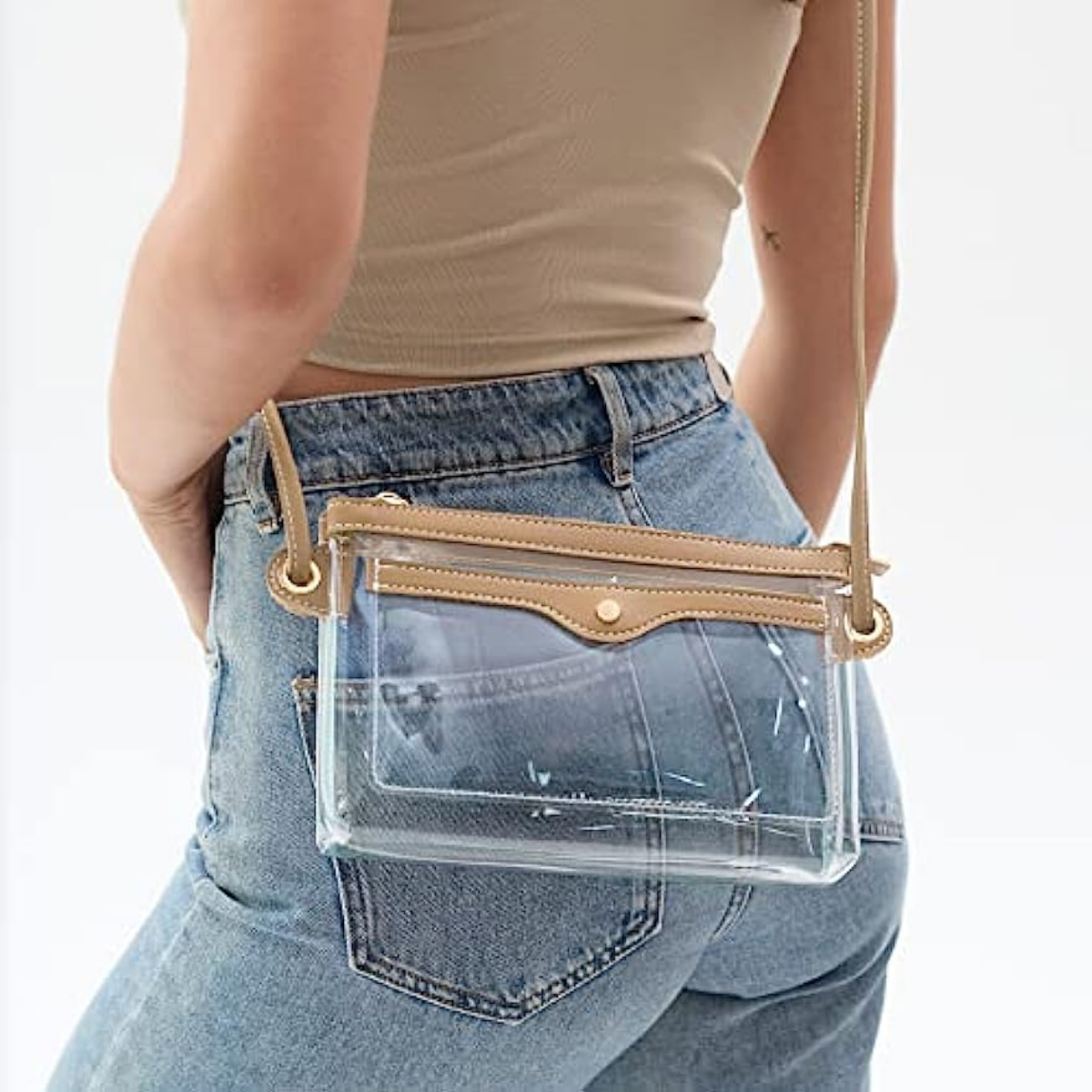Women's Clear PVC Cross Body Bag Pocket Shoulder Bag with Vegan Leather Trim Transparent Zipper Purse Stadium Approved - Hoxis Bags