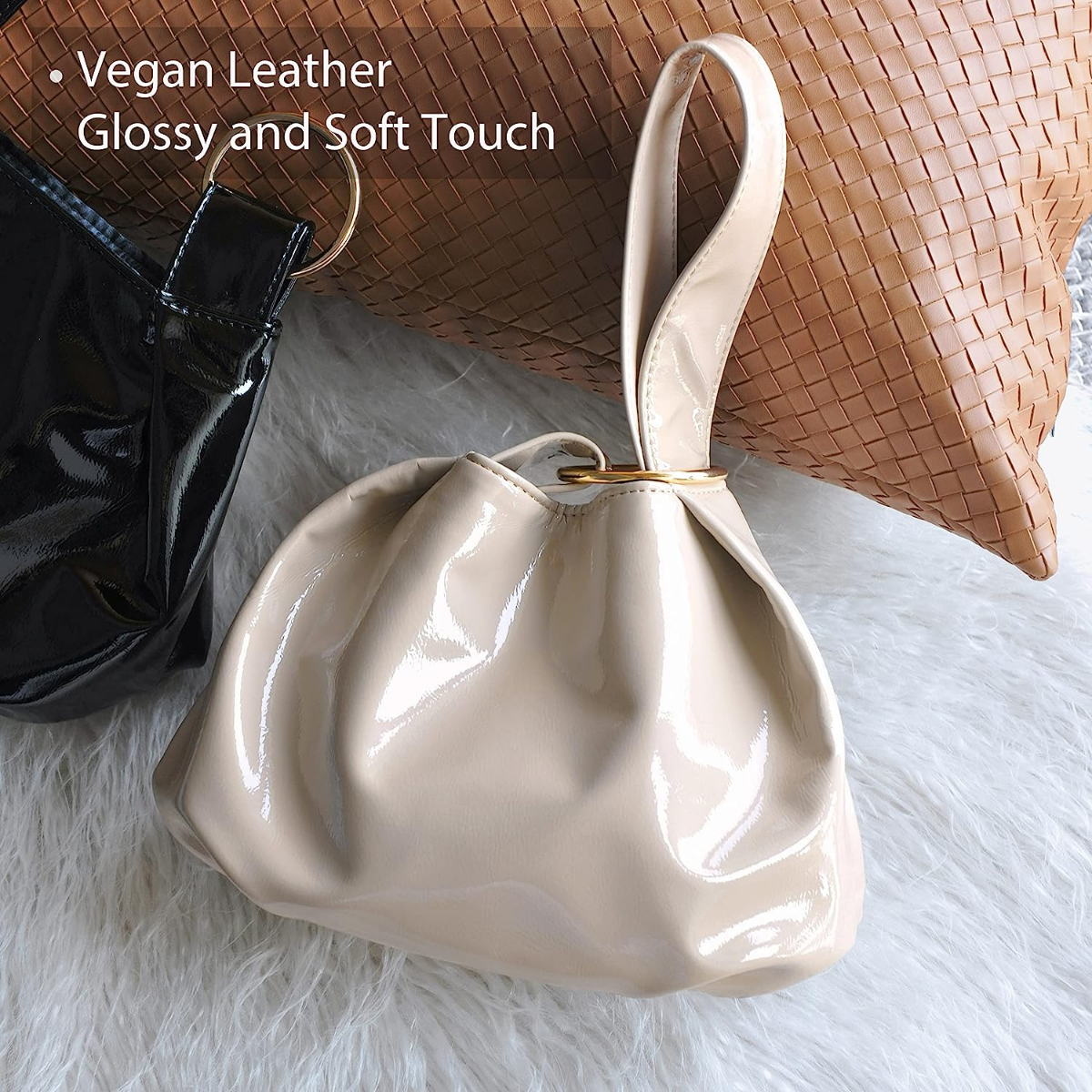 Women's Glossy Clutch Patent Vegan Leather Hobo Top Handle Bag Small Tote - Hoxis Bags