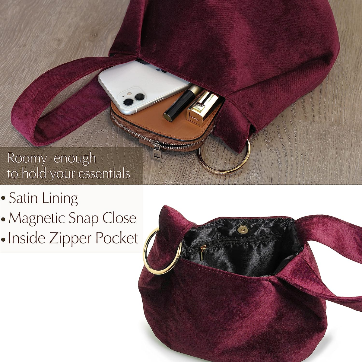 Women Clutch Velvet Top Handle Bag Wristlet Small Tote Purse - Hoxis Bags