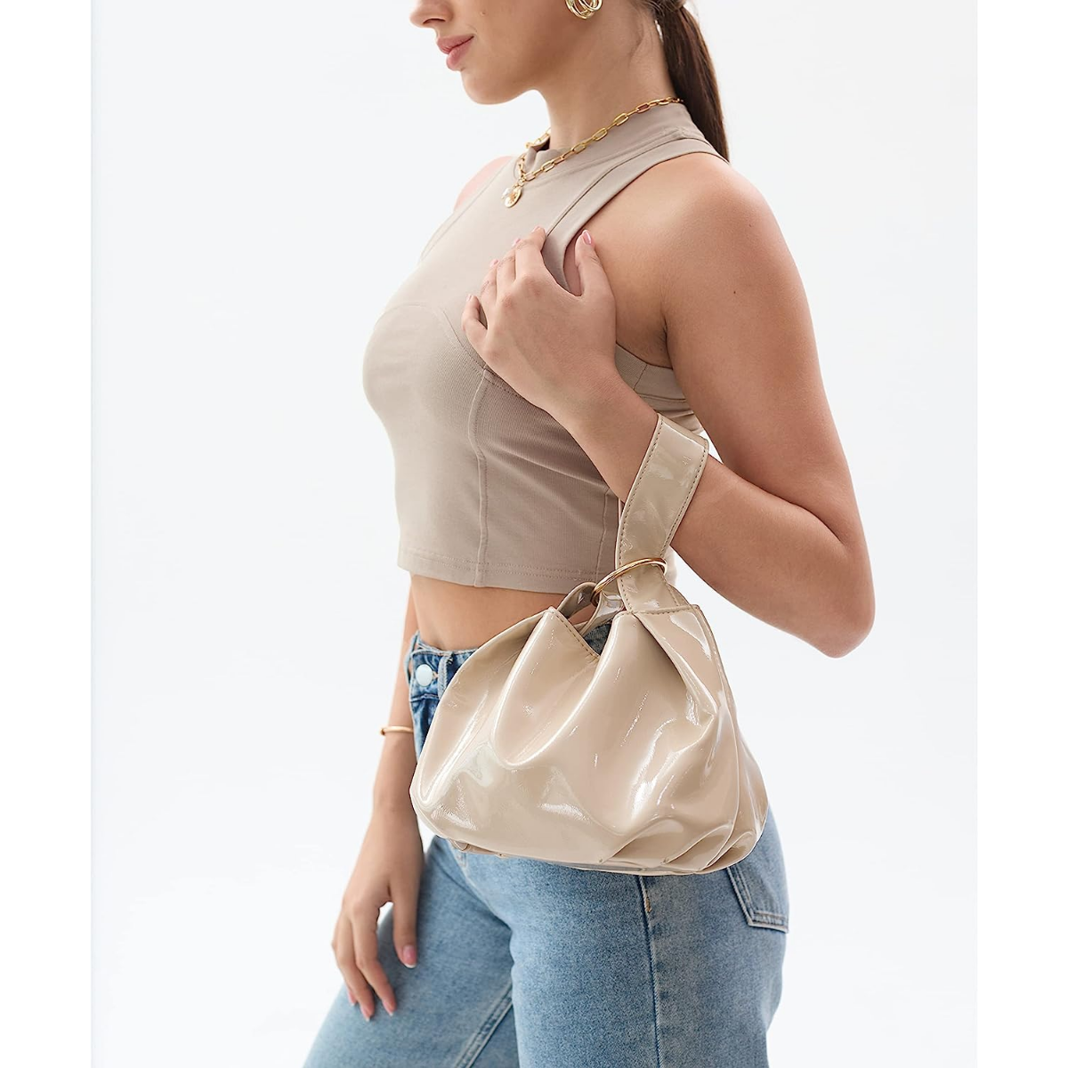 Women's Glossy Clutch Patent Vegan Leather Hobo Top Handle Bag Small Tote - Hoxis Bags
