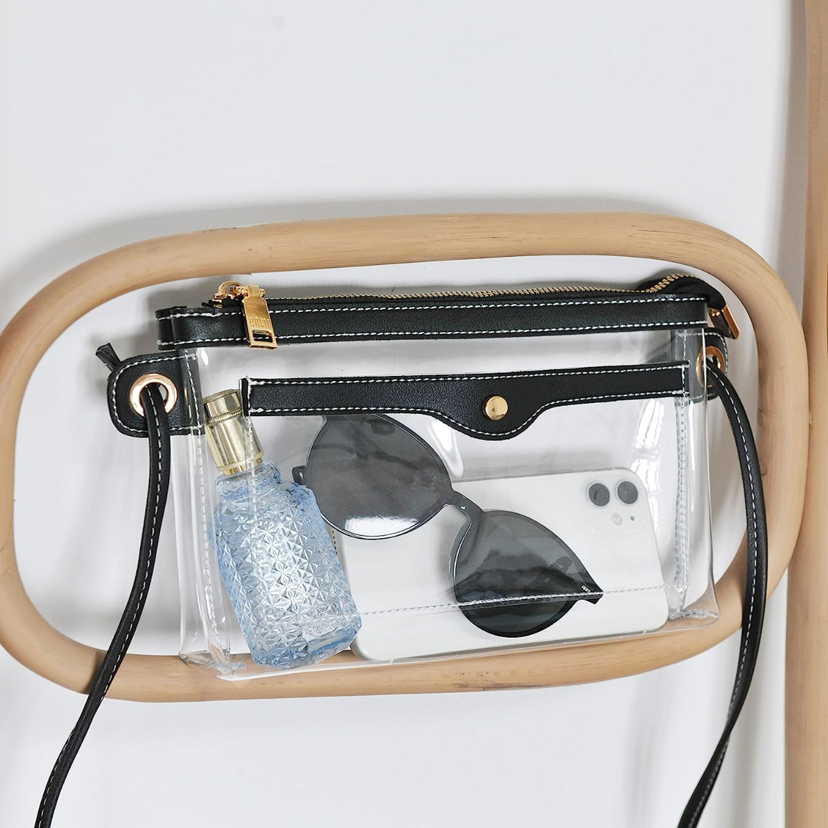 Women's Clear PVC Cross Body Bag Pocket Shoulder Bag with Vegan Leather Trim Transparent Zipper Purse Stadium Approved - Hoxis Bags