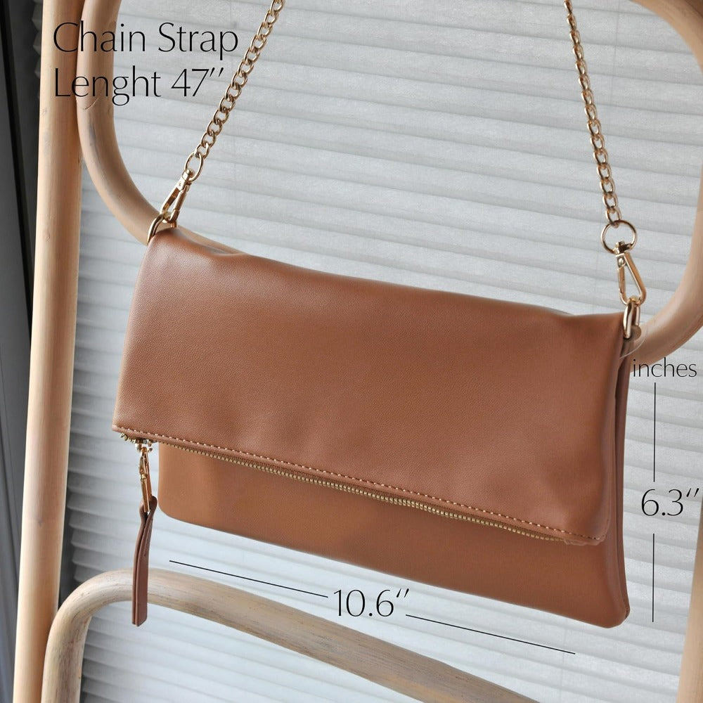 Women's Zipper Foldover Clutch Vegan Leather Envelope Cross body Bag with Chain Strap - Hoxis Bags