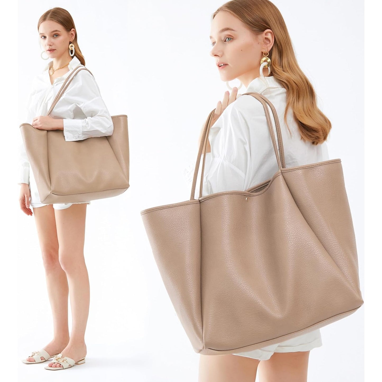 Oversized Vegan Leather Tote Women's Travel Bag - Nude - Hoxis Bags