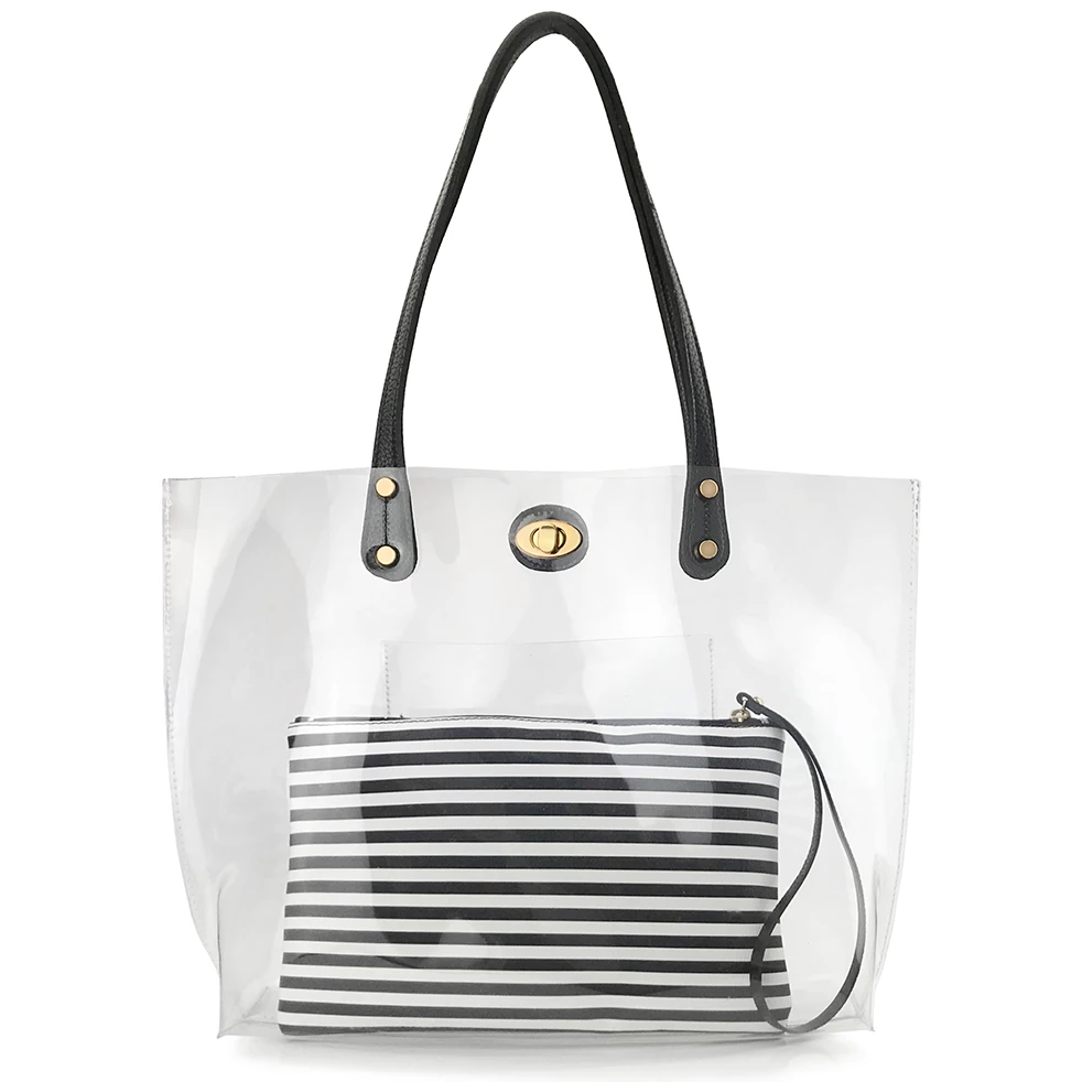 Turnlock Tote With Striped Pouch - Hoxis Bags