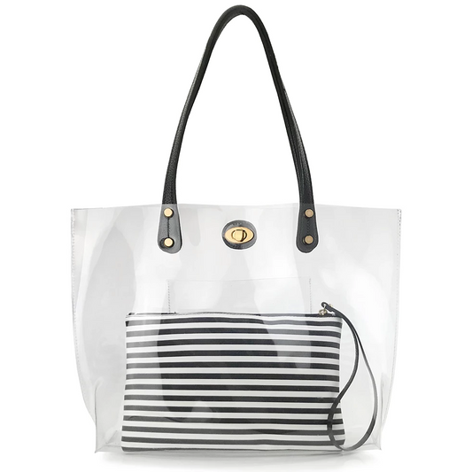 Turnlock Tote With Striped Pouch - Hoxis Bags