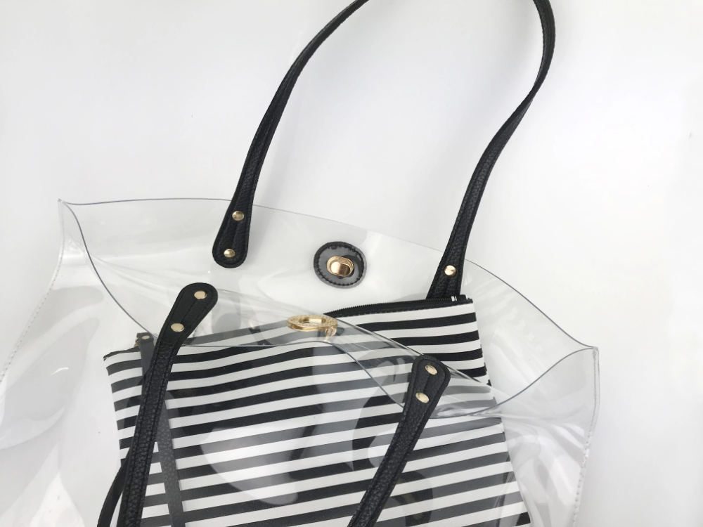 PVC Clear Womens Tote With Striped Zipper Clutch - Hoxis Bags