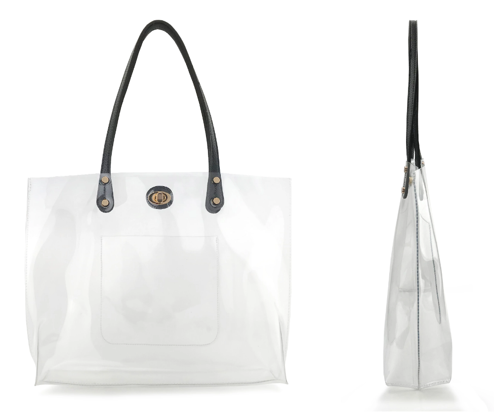 PVC Clear Womens Tote With Striped Zipper Clutch - Hoxis Bags